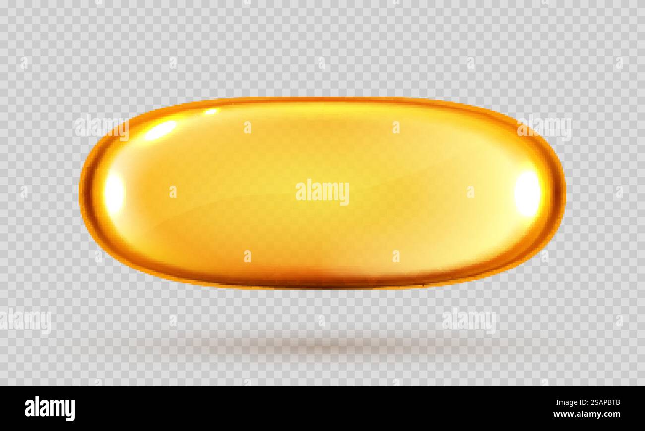 Capsula di olio d'oro, pillola rotonda di vitamina. Cosmetici, bolla d'oro omega 3. Goccioline di siero o essenza di collagene isolate su sfondo trasparente. Illustrazione Vettoriale