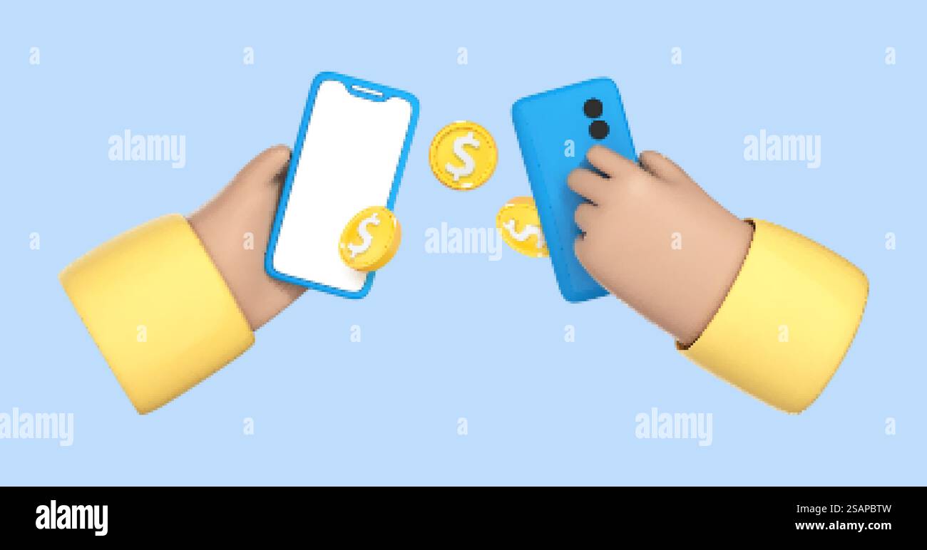 Due cartoni animati con le mani in mano che tengono i telefoni cellulari che fanno un trasferimento di denaro. Trasferimento di denaro su smartphone. Concetto di pagamento online. Portafoglio elettronico. Cashback e banca. Illustrazione vettoriale 3D. Illustrazione Vettoriale