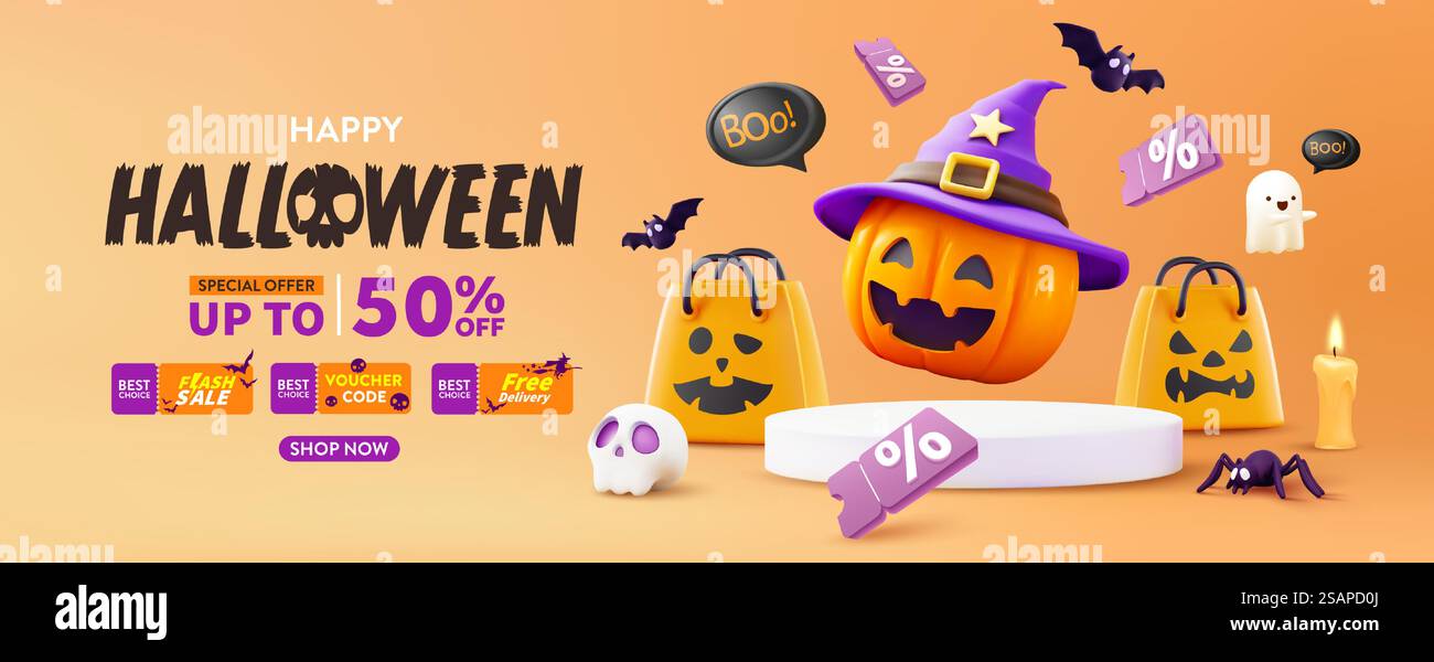 Promozione di Halloween modello poster con zucche di Halloween, simpatico fantasma, coupon, shopping bag. Modello di striscione o di spavento del sito Web. Illustrazione vettoriale eps 10 Illustrazione Vettoriale