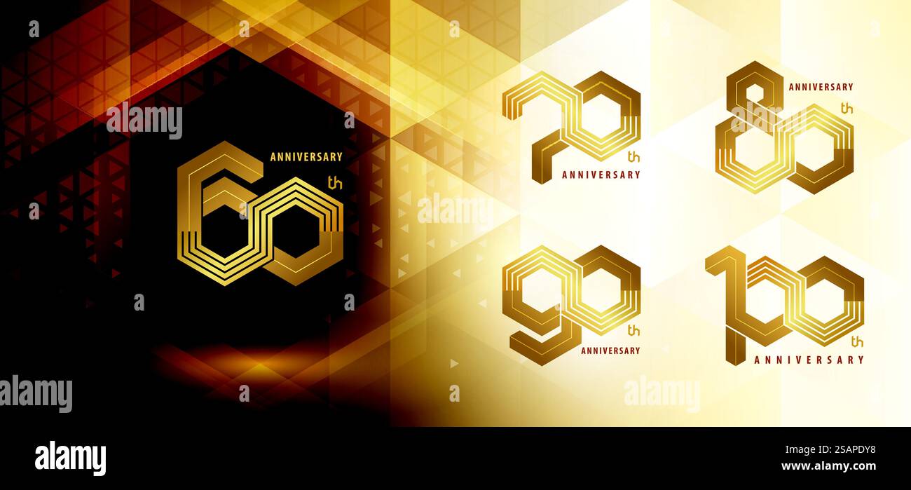 Set di design logotipo per l'anniversario dai 60 ai 100 anni, celebrazioni per l'anniversario dai sessanta ai cento anni. Logo Abstract Hexagon Infinity multiple Lines, 60,70,80,90,100 anni Logo per festeggiare l'evento. Geometria del poligono di rete, numero esagono Illustrazione Vettoriale