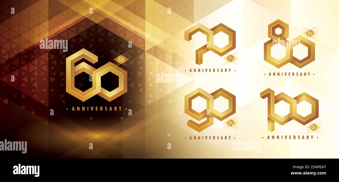 Set di design logotipo per l'anniversario dai 60 ai 100 anni, celebrazioni per l'anniversario dai sessanta ai cento anni. Logo astratto Infinity Emboss esagono, 60,70,80,90,100 anni Logo dorato per festeggiare l'evento. Geometria del poligono di rete, numero esagono Illustrazione Vettoriale