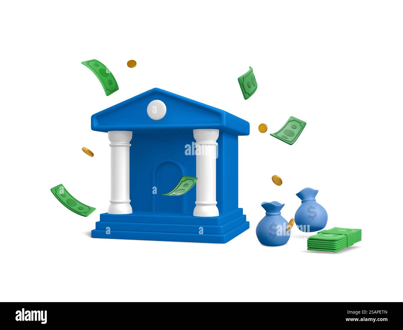 Edificio bancario con valuta cartacea in caduta, pila di denaro, sacchetti di denaro e grafico rotondo in stile cartone animato realistico. banner e poster realistici 3d per le attività bancarie. Illustrazione vettoriale. Illustrazione Vettoriale
