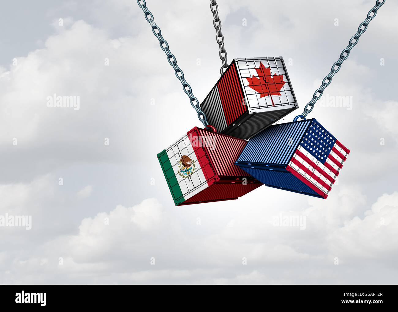 Guerra delle tariffe USA del Messico e del Canada come disputa commerciale messicana canadese e americana come container merci in conflitto come lotta economica sull'importazione Foto Stock