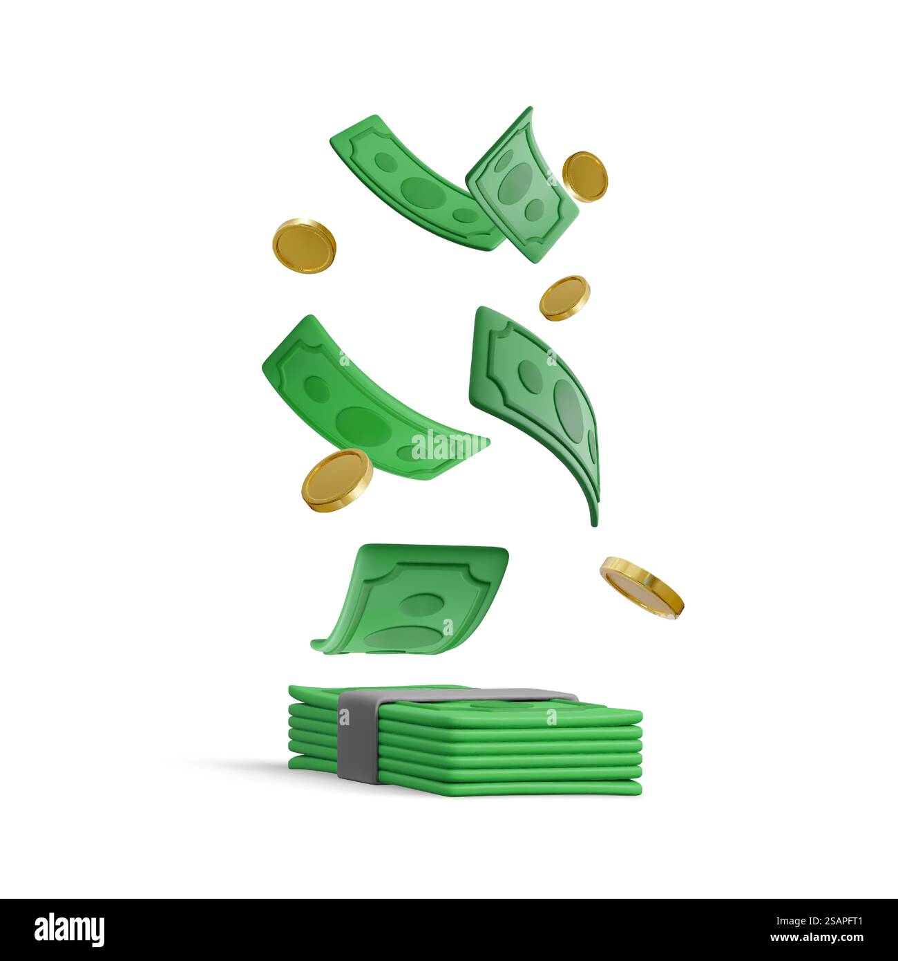Pile di valuta verde e monete d'oro cadenti in stile cartone animato. oggetto economico 3d realistico per poster o banner. Illustrazione vettoriale. Illustrazione Vettoriale
