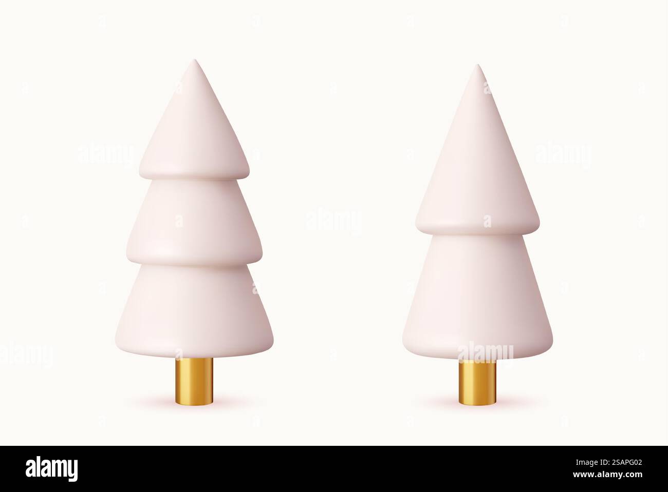 Set di alberi di Natale di stile diverso. Alberi di Natale astratti bianchi e dorati. Decorazioni natalizie. rendering 3d. Illustrazione vettoriale. Set 3d con cono per albero di Natale di stile diverso. Illustrazione Vettoriale