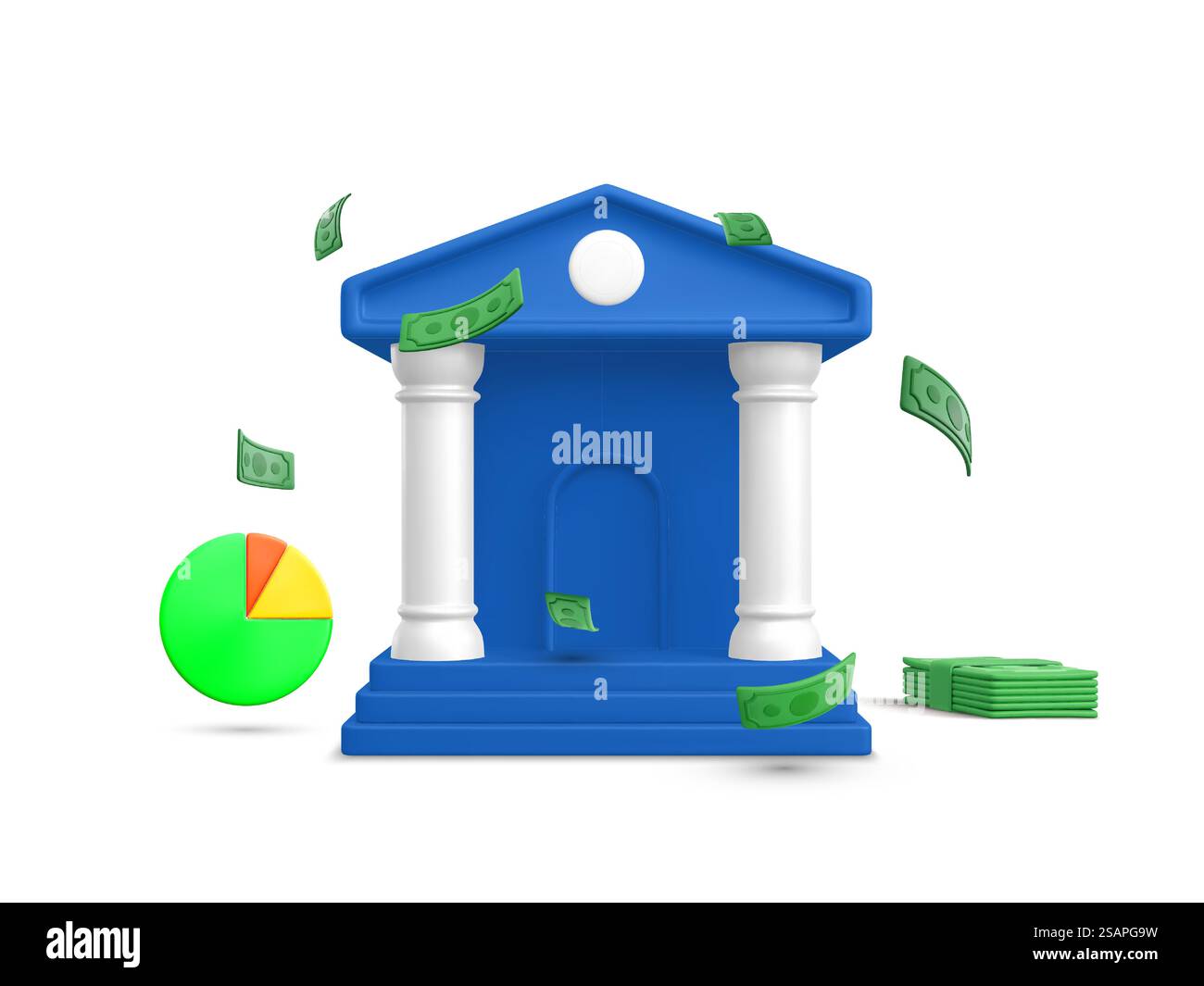 Edificio bancario con valuta cartacea in caduta, pila di denaro e grafico rotondo in stile cartoni animati realistico. banner e poster realistici 3d per le attività bancarie. Illustrazione vettoriale. Illustrazione Vettoriale