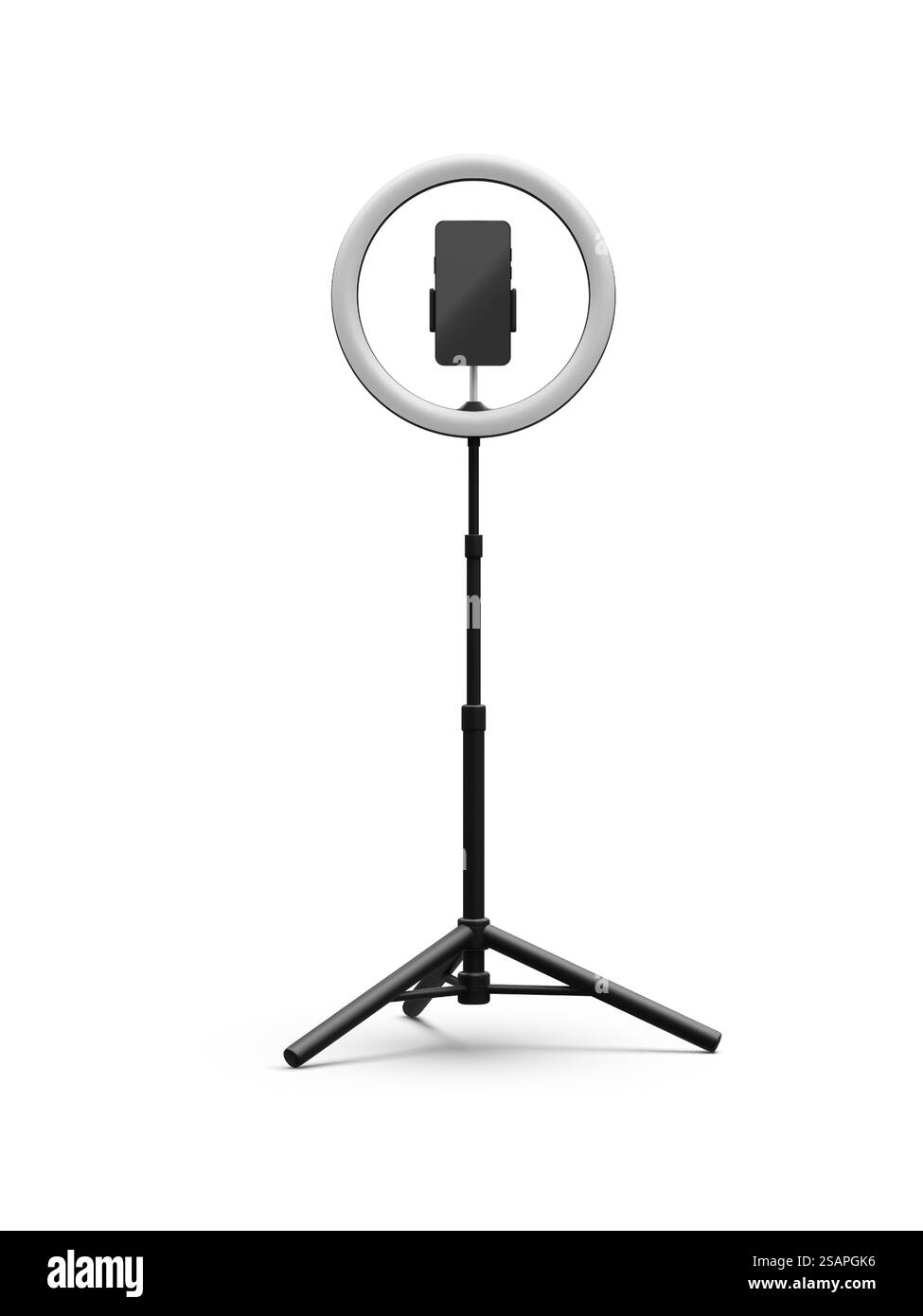 telefono 3d realistico su treppiede con lampadina. Concetto di live streaming. Illustrazione vettoriale. Illustrazione Vettoriale