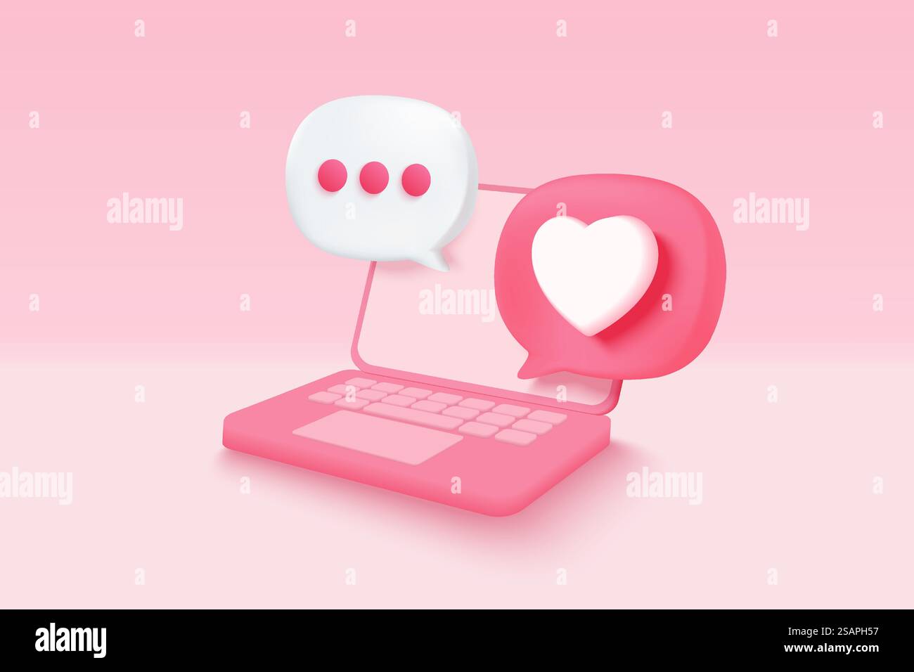 Concetto di piattaforma online di social media 3D, comunicazione sociale online su laptop, cornice fotografica con icona emoji cuore e amore, come e gioca con icone a bolla rossa. concetto di rendering vettoriale cardiaco 3d. Illustrazione Vettoriale