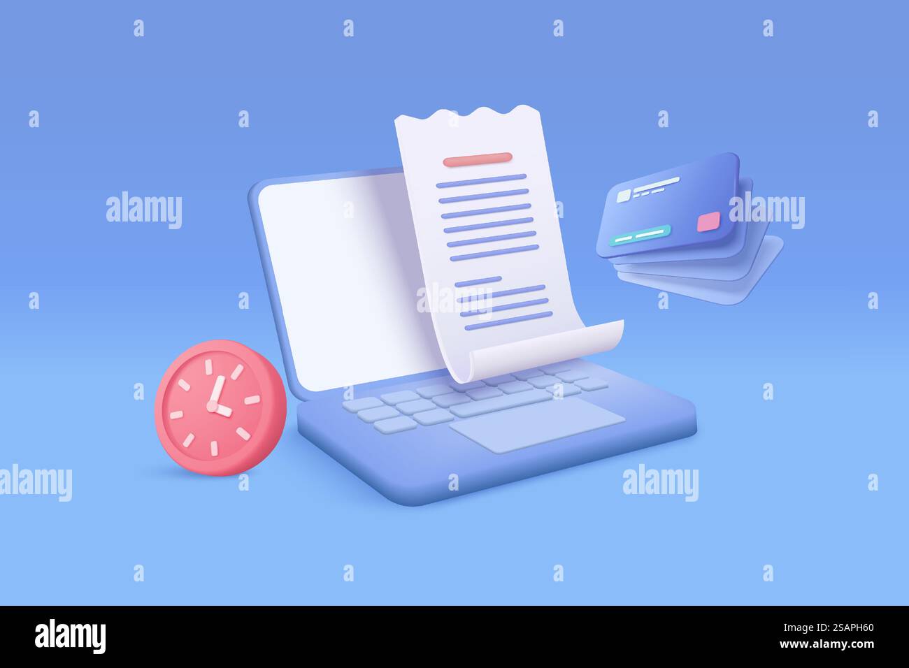 Transazione fattura aziendale 3D per il pagamento su laptop con notifica di avviso orologio. Business utilizzando fattura, transazione con carta di credito. illustrazione del rendering dell'icona del vettore di ricezione 3d. Illustrazione Vettoriale