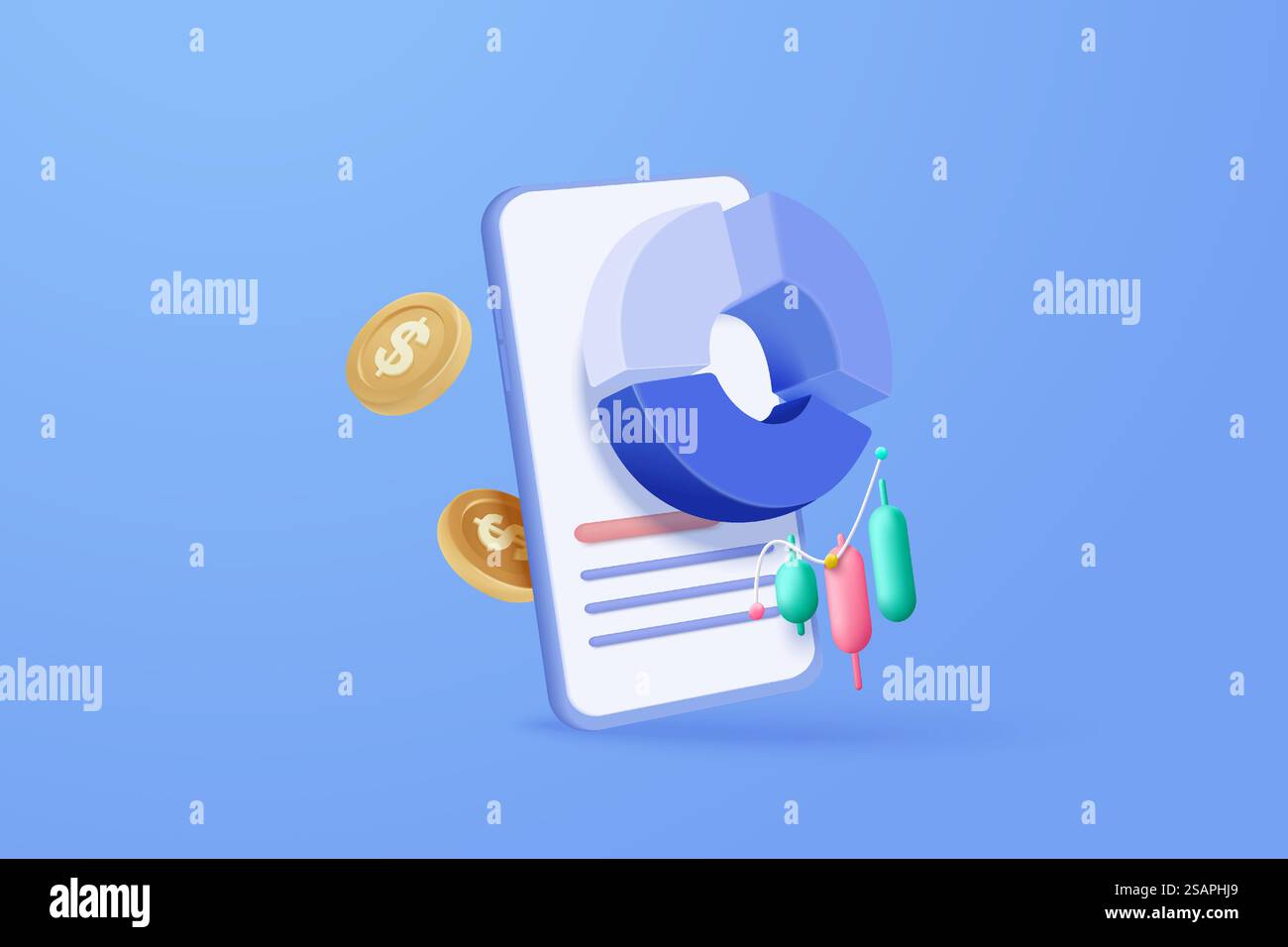 Trading online 3D con telefono cellulare e moneta su sfondo blu. Grafico degli investimenti utilizzando il business di finanziamento su smartphone. illustrazione del rendering del trading vettoriale 3d su telefoni cellulari per investimenti Illustrazione Vettoriale