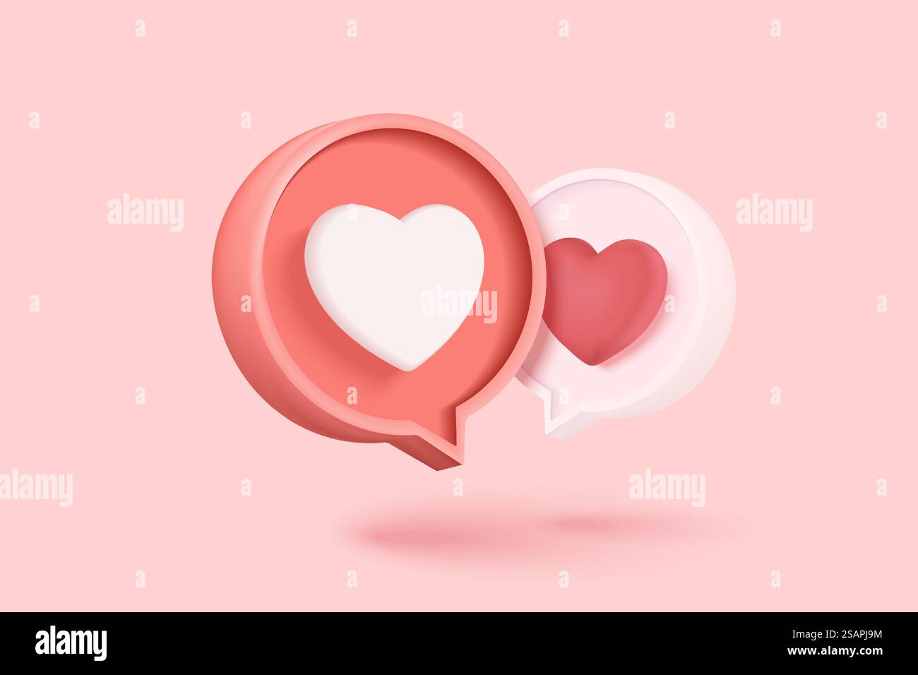 Concetto di piattaforma online di social media 3D, comunicazione social online su applicazioni, cornice fotografica con icona emoji cuore e amore, come e gioca con icone a bolla rossa. concetto di rendering vettoriale cardiaco 3d. Illustrazione Vettoriale