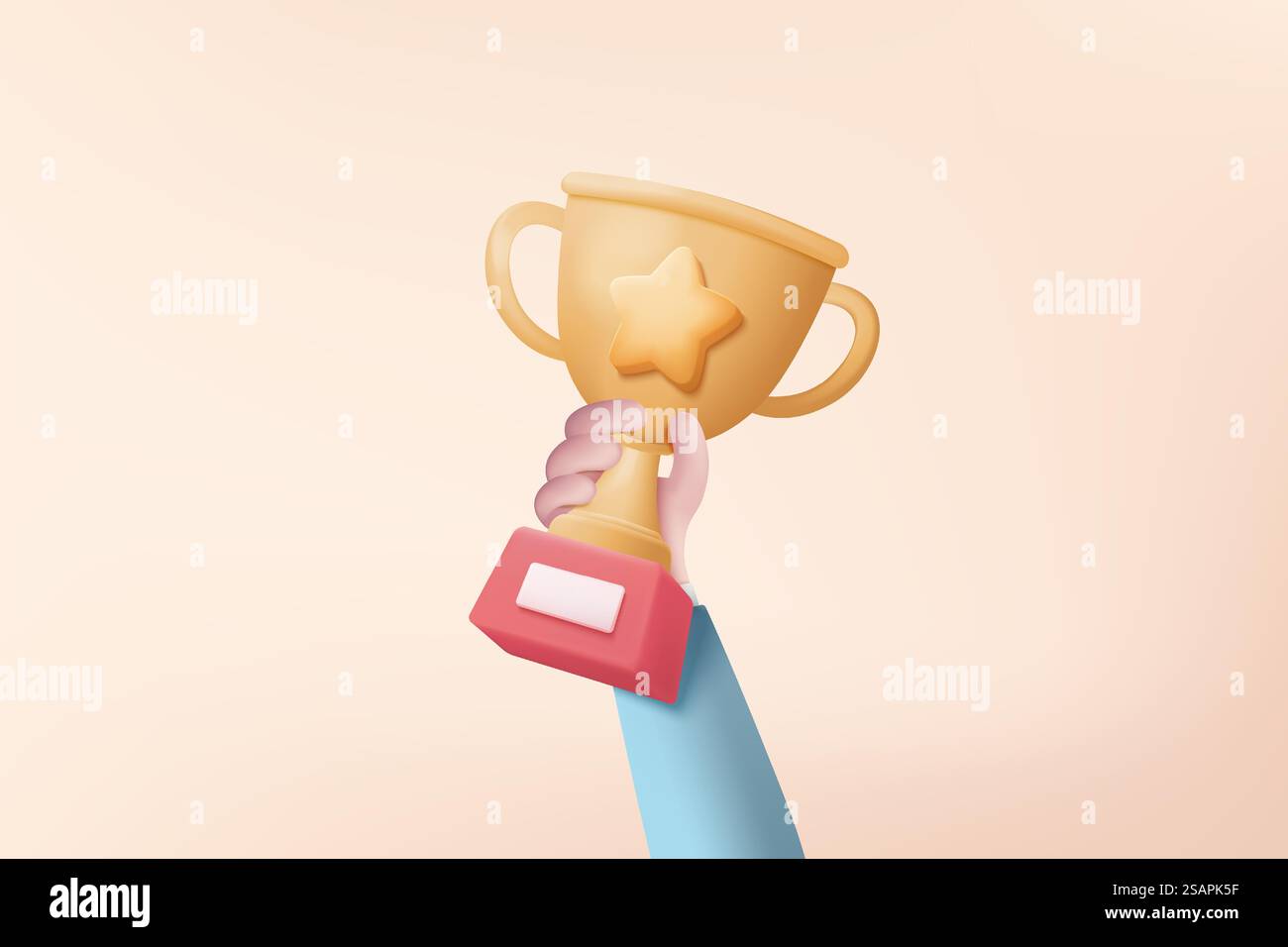 3d celebra i vincitori con una coppa d'oro, i vincitori dei premi sono stellati in mano. Cerimonia di premiazione su piedistallo in stile cartone animato. illustrazione del rendering vettoriale dell'icona dei trofei 3d isolata su sfondo rosa Illustrazione Vettoriale