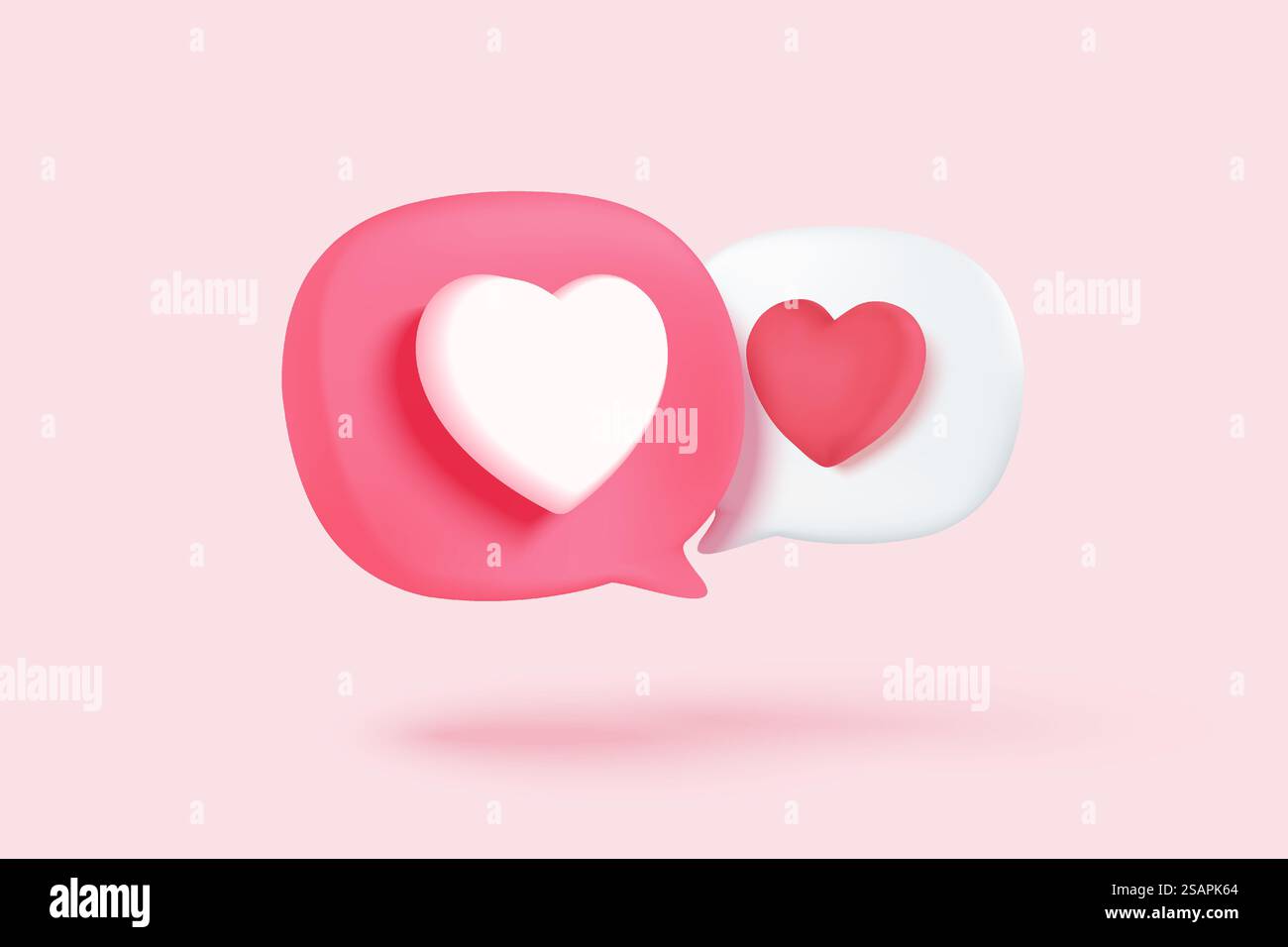 Concetto di piattaforma online di social media 3D, comunicazione social online su applicazioni, cornice fotografica con icona emoji cuore e amore, come e gioca con icone a bolla rossa. concetto di rendering vettoriale cardiaco 3d. Illustrazione Vettoriale