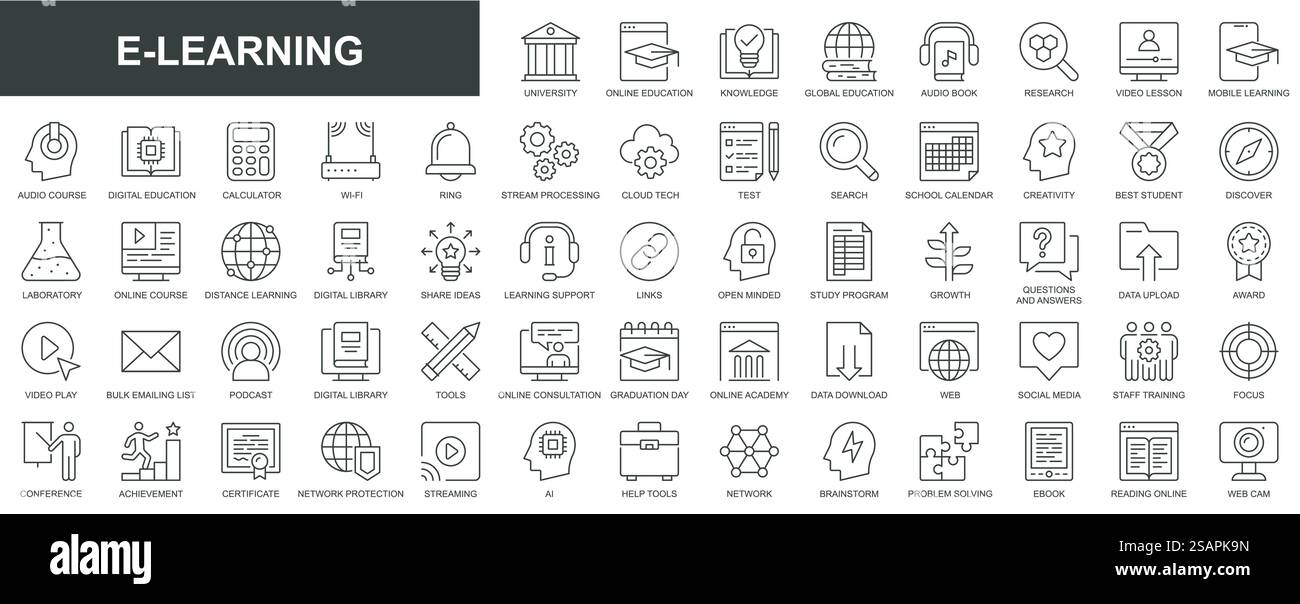 Icone Web di e-learning impostate nel design sottile. Pacchetto di università, formazione online, conoscenza, globale, audiolibro, lezione video, corso, elaborazione cloud, test, altro. Pittogrammi della traccia del contorno vettoriale Illustrazione Vettoriale