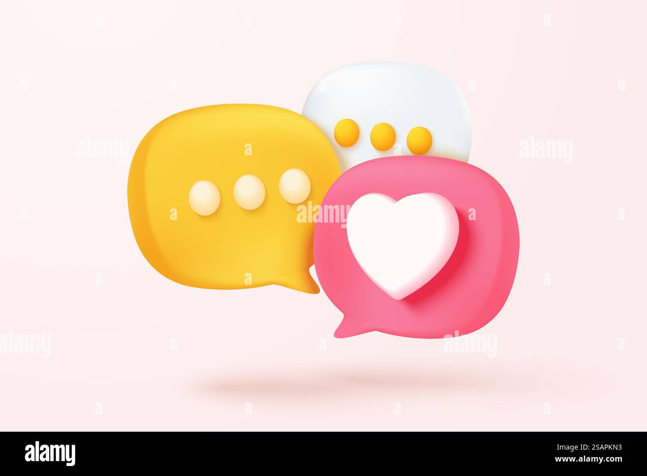 Concetto di piattaforma online di social media 3D, comunicazione social online su applicazioni, cornice fotografica con icona emoji cuore e amore, come e gioca con icone a bolla rossa. concetto di rendering vettoriale cardiaco 3d. Illustrazione Vettoriale