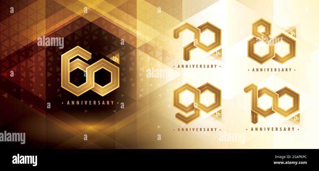Set di design logotipo per l'anniversario dai 60 ai 100 anni, celebrazioni per l'anniversario dai sessanta ai cento anni. Logo Exagon Infinity Border Line astratto, 60,70,80,90,100 anni Logo dorato per festeggiare l'evento. Geometria del poligono di rete, numero esagono Illustrazione Vettoriale