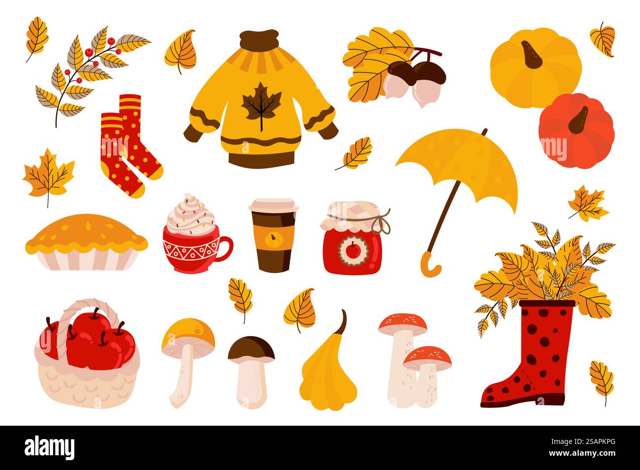 Accoglienti elementi di grande ambientazione autunnale dal design piatto. Pacchetto di foglie d'arancia cadenti, maglione, calze, zucche, ombrello, torta, tazza di cacao, stivali di gomma e altro ancora. Oggetti grafici isolati nell'illustrazione vettoriale Illustrazione Vettoriale