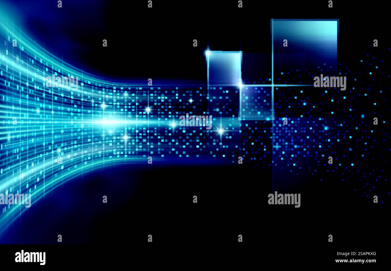 Sfondo linee luminose dinamiche astratte. Movimento velocità luce su pixel blu scuro. Alta velocità. Effetto linee di velocità brillanti. Tecnologia concetto futuristico digitale. Strisce con raggi luminosi. Illustrazione Vettoriale
