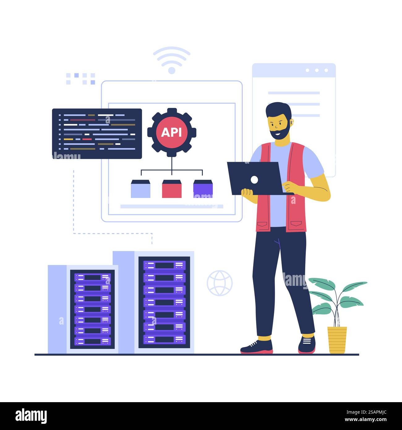 Illustrazione concettuale della tecnologia Application Programming Interface. Illustrazione vettoriale piatta isolata su sfondo bianco Illustrazione Vettoriale