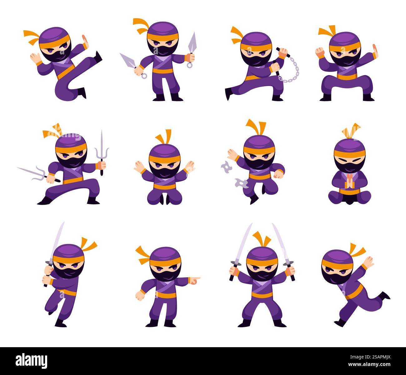 Ninja dei cartoni animati. L'uomo in azione e combattimento diversi pose karate. Personaggio guerriero giapponese in maschera. Assassino asiatico con armi, nunchucks e shurikens. Posizioni di combattimento isolate dal vettore. Ninja dei cartoni animati. L'uomo in azione e combattimento diversi pose karate. Personaggio guerriero giapponese in maschera. Assassino con arma, nunchucks e shurikens. Posizioni di combattimento dei caccia vettoriali impostate Illustrazione Vettoriale