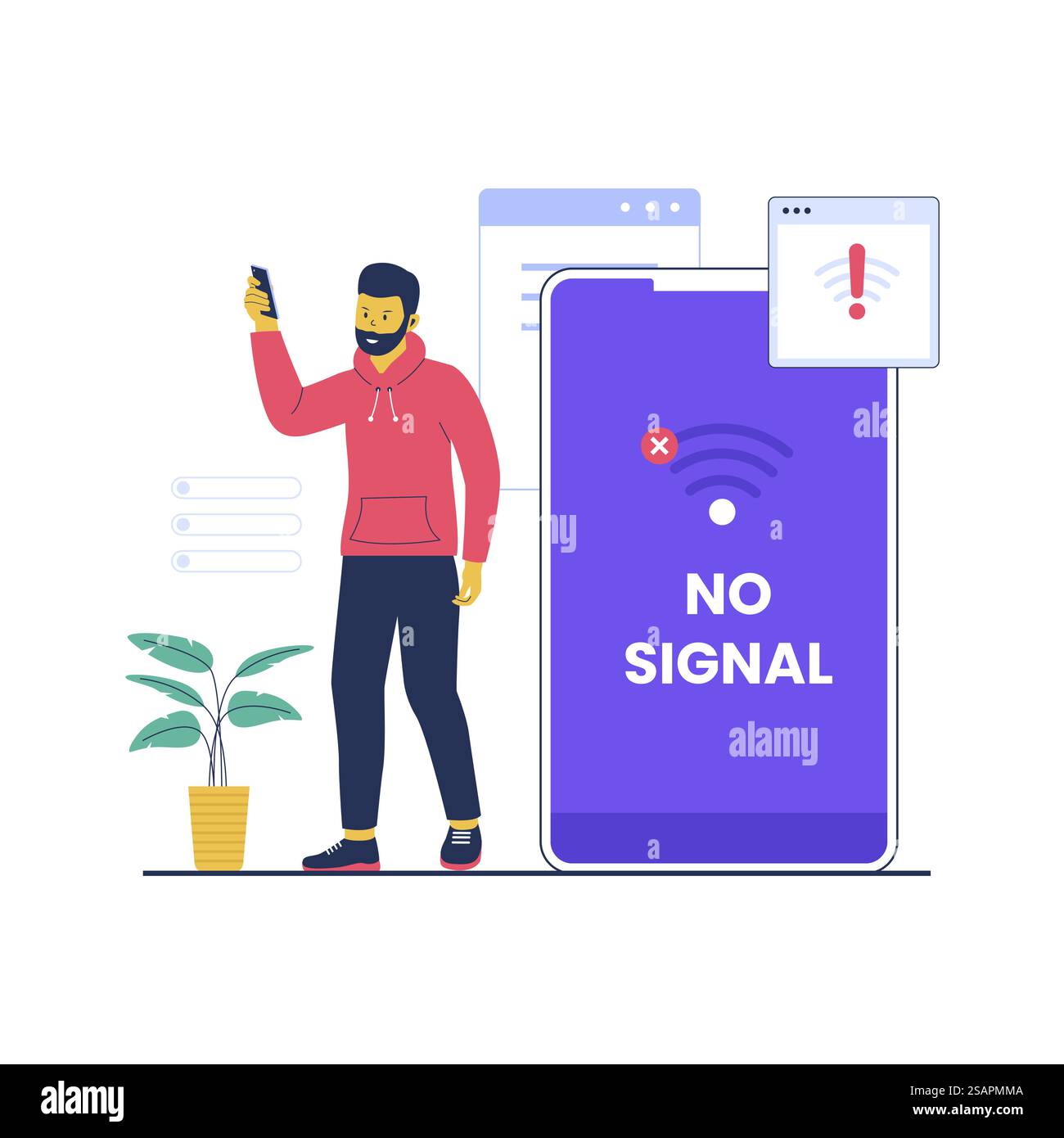 Illustrazione concettuale della tecnologia di connessione wireless persa. Illustrazione vettoriale piatta isolata su sfondo bianco Illustrazione Vettoriale