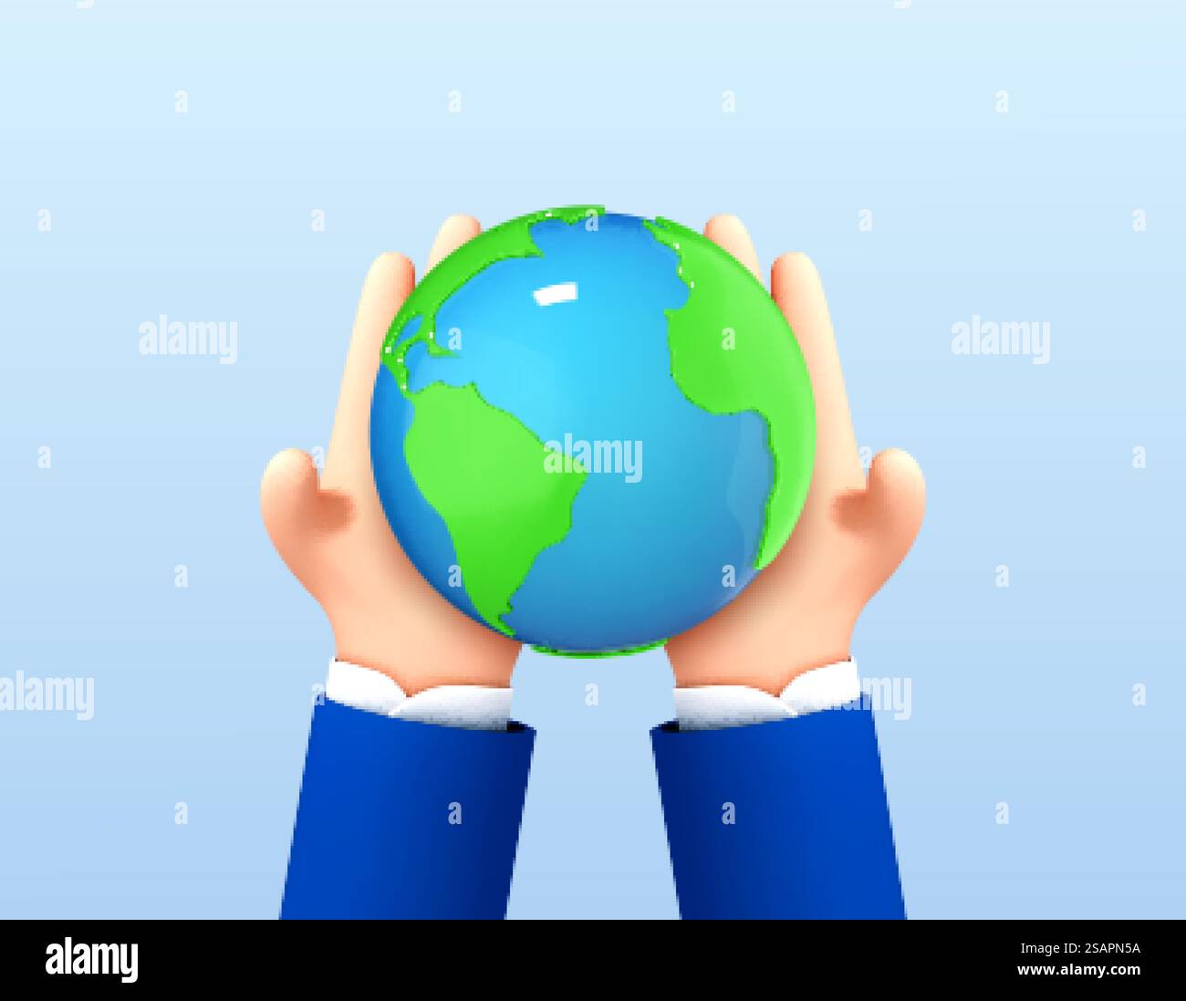 Mani umane dei cartoni animati 3D che tengono il globo isolato su sfondo blu. Sostenere il concetto di terra. Salvare la Terra. Concetto di ambiente. Illustrazione 3d vettoriale Illustrazione Vettoriale
