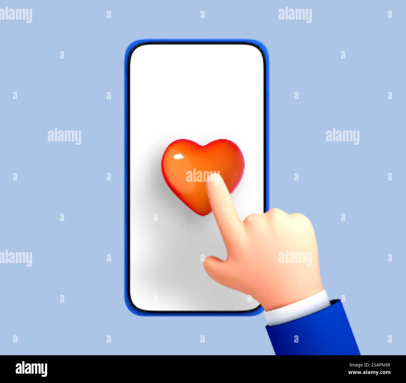 Mano di cartone animato 3D che punta l'icona del cuore sullo schermo del telefono. Concetto di social network simile. Concetto di follower e abbonato. Illustrazione 3d vettoriale Illustrazione Vettoriale