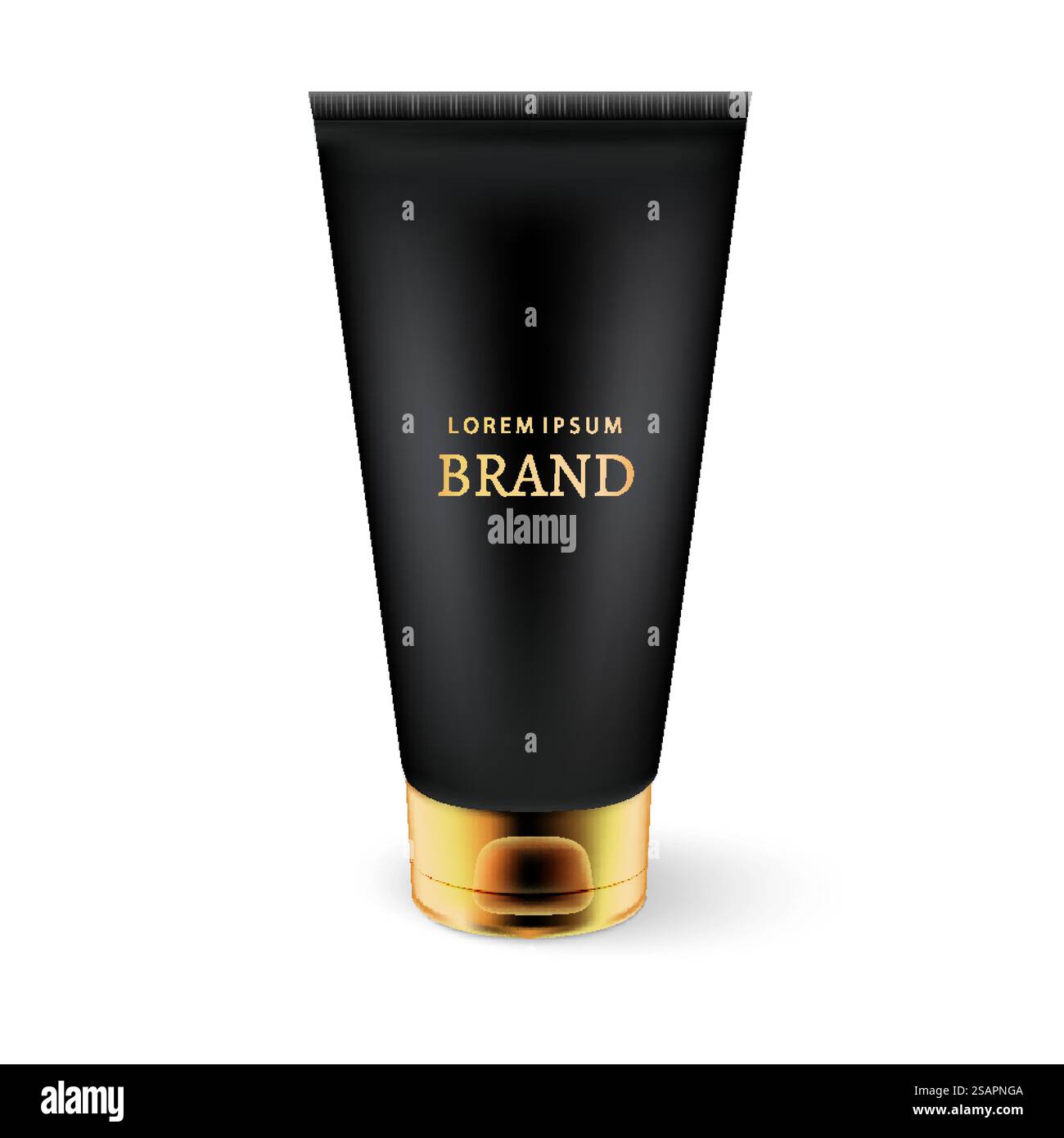 Elegante tubo in plastica nero con tappo dorato. Pubblicità di prodotti cosmetici di design. Mascheramento vettoriale... Elegante tubo in plastica nero con tappo dorato. Illustrazione Vettoriale