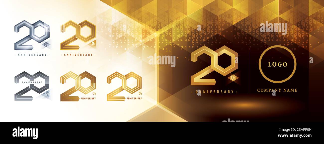 Design del logotipo del 20° anniversario, celebrazione del ventesimo anniversario. Logo astratto Hexagon Infinity, 20 anni Logo dorato per festeggiamenti, invito. Geometria del poligono di rete, numero esagono Illustrazione Vettoriale