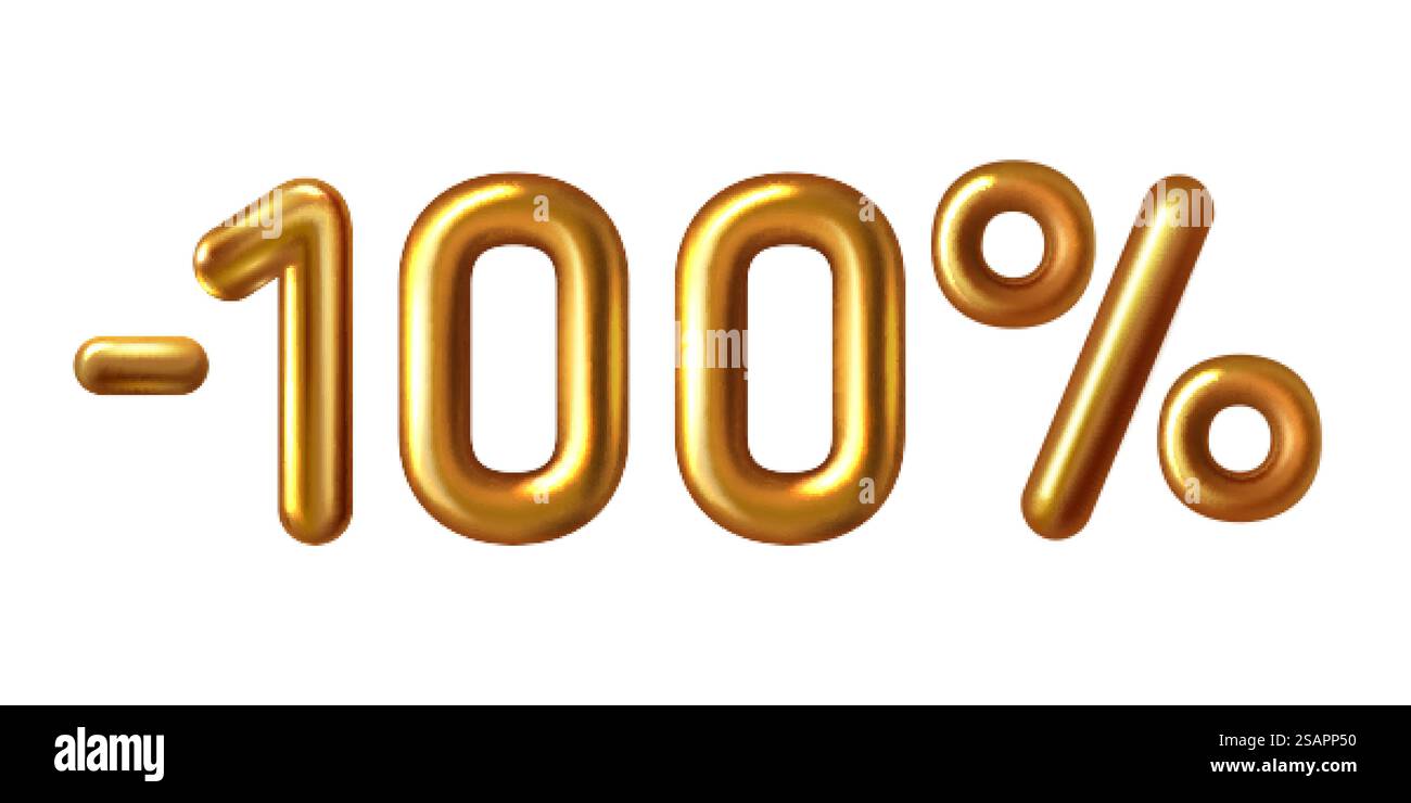 Sconti per acquisti realistici di palloncini d'oro meno cento. simbolo percentuale. 3D numero 100 lamina metallica dorata con glitter. Sconto del 100% Golden sale. Vendita e promozione pubblicitaria in negozio. Sconti per acquisti realistici di palloncini d'oro meno cento Illustrazione Vettoriale