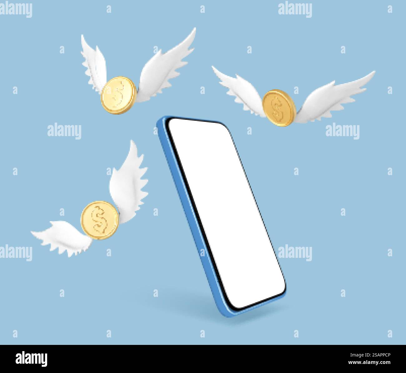 Smartphone 3D e monete d'oro con ali bianche su sfondo blu. Informazioni sui guadagni online. Illustrazione vettoriale Illustrazione Vettoriale