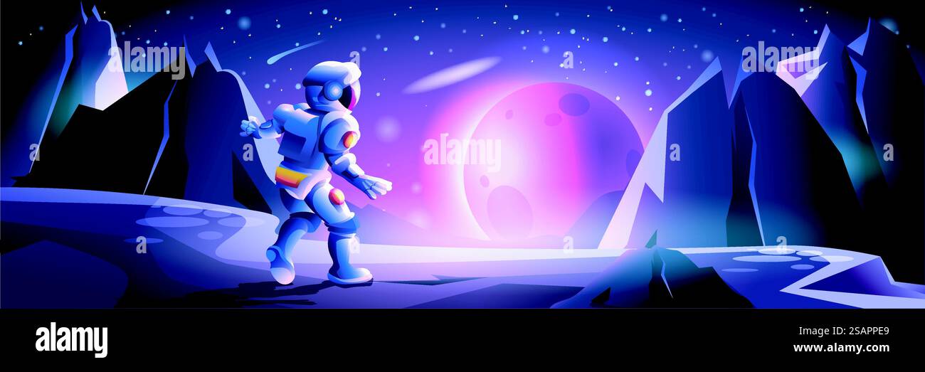 Spazio su un altro banner di sfondo di un pianeta in un design a cartoni animati piatto. Poster di fantasia COSMOS con stelle cielo, diversi pianeti e corpi celesti, rocce desertiche con vista superficiale cosmica. Illustrazione vettoriale Illustrazione Vettoriale