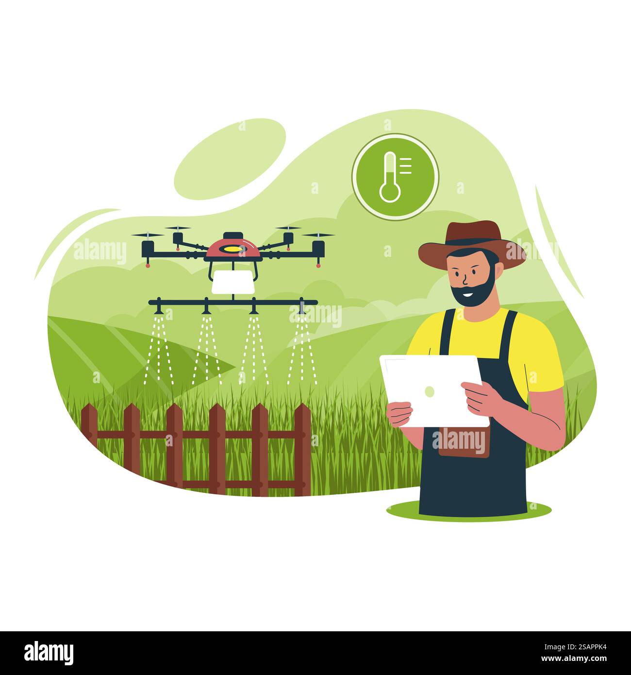 Illustrazione di una fattoria con droni intelligenti. Concetto di tecnologia Smart Farm. Illustrazione vettoriale concetto piatto Illustrazione Vettoriale