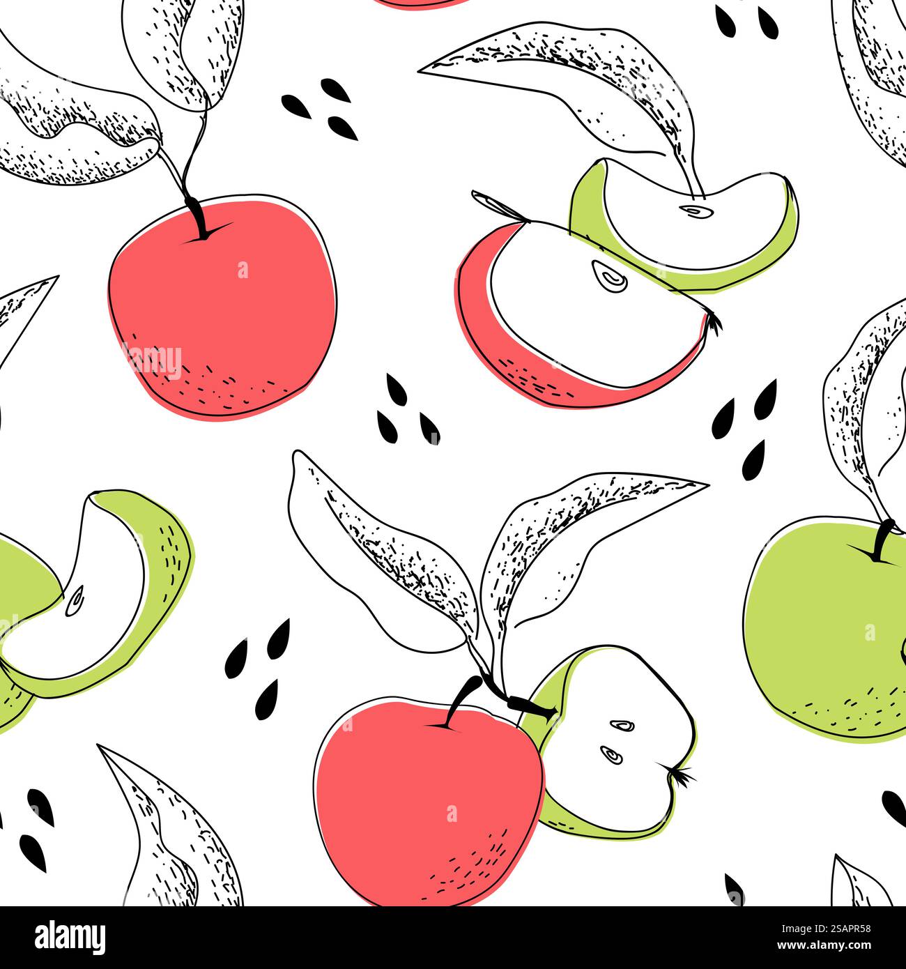 Schema di mele. Stampa cartoon senza cuciture con frutta rossa o verde frutteto. Modello di pacchetto del prodotto biologico sano. Foglie e semi disegnati a mano. Vitamine vegetariane. Texture vettoriale per la raccolta del giardino. Schema di mele. Stampa cartoon senza cuciture con frutta rossa o verde frutteto. Pacchetto di prodotti biologici sani. Foglie e semi disegnati a mano. Cibo vegetariano. Texture vettoriale per la raccolta del giardino Illustrazione Vettoriale