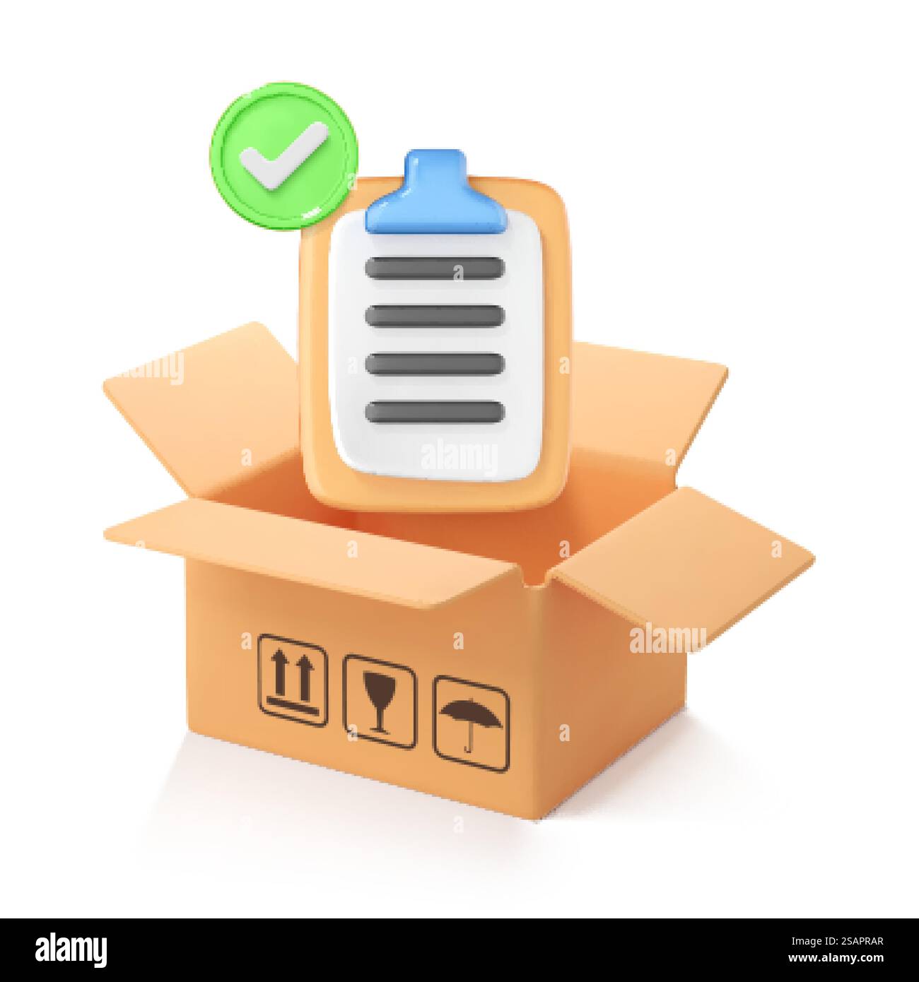 Casella di cartone 3D e appunti con il segno di spunta. Concetto di consegna dell'ordine confermato. Lista di controllo per la spedizione. Consegna dell'ordine in scatola di cartone. Concetto di consegna rapida. Posta tramite corriere. Illustrazione vettoriale 3D. Illustrazione Vettoriale