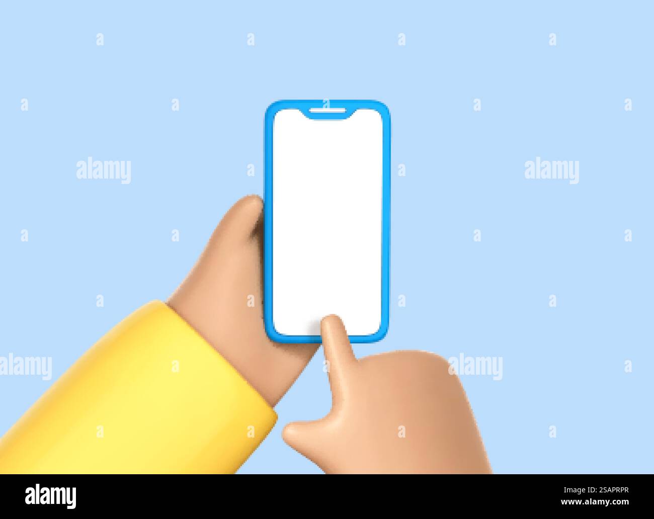 Mani umane dei cartoni animati 3D con smartphone con schermo vuoto isolato su sfondo blu. Toccare con le dita il display vuoto dello smartphone. Illustrazione Vector 3D. Illustrazione Vettoriale