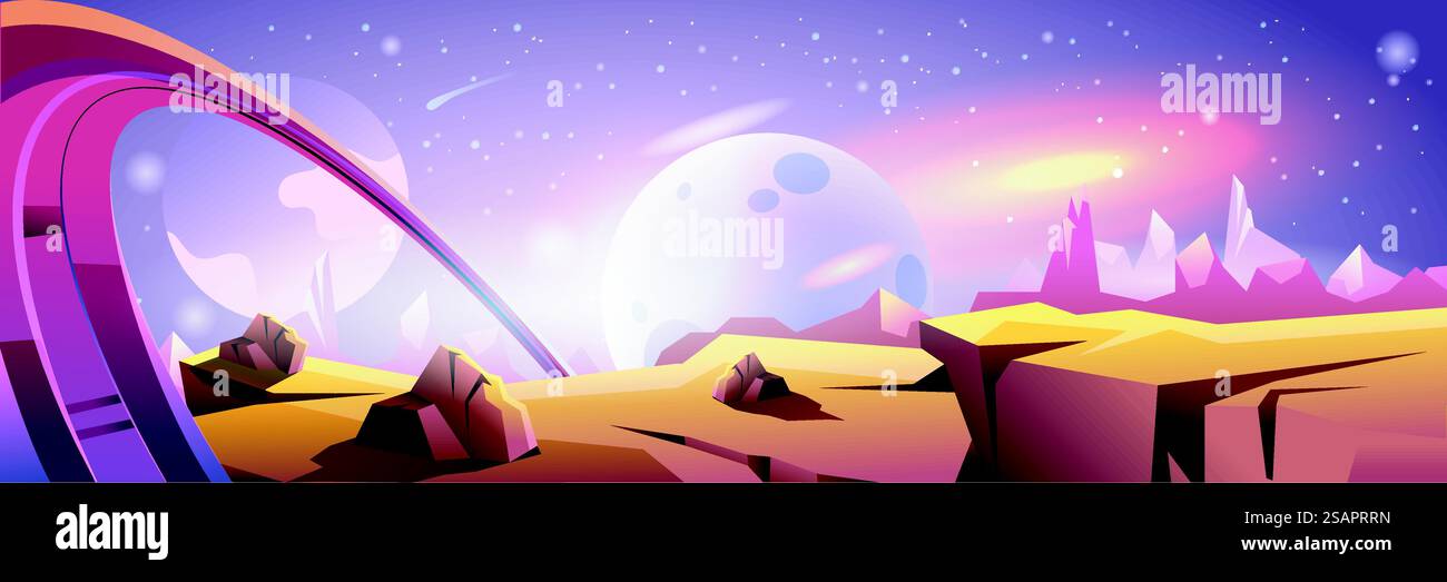 Striscione con sfondo scuro e profondo in un design a cartone animato piatto. Poster di fantasia COSMOS con stelle cielo, diversi pianeti e corpi celesti, nebulosa, luoghi di terra e superficie cosmica. Illustrazione vettoriale Illustrazione Vettoriale