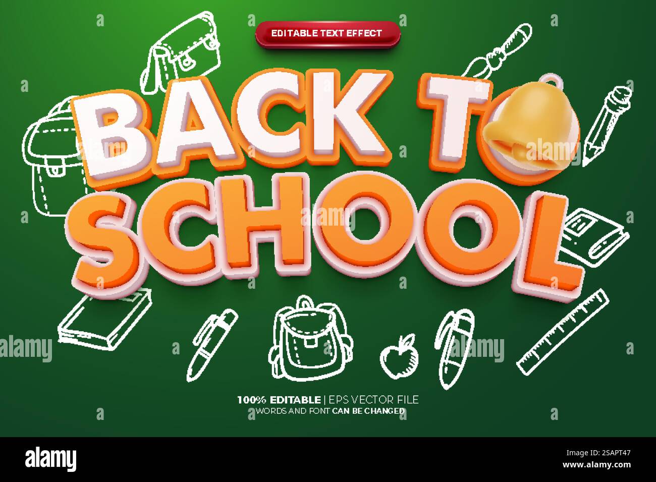 Stile effetto testo modificabile 3D di ritorno a scuola Cartoon Illustrazione Vettoriale