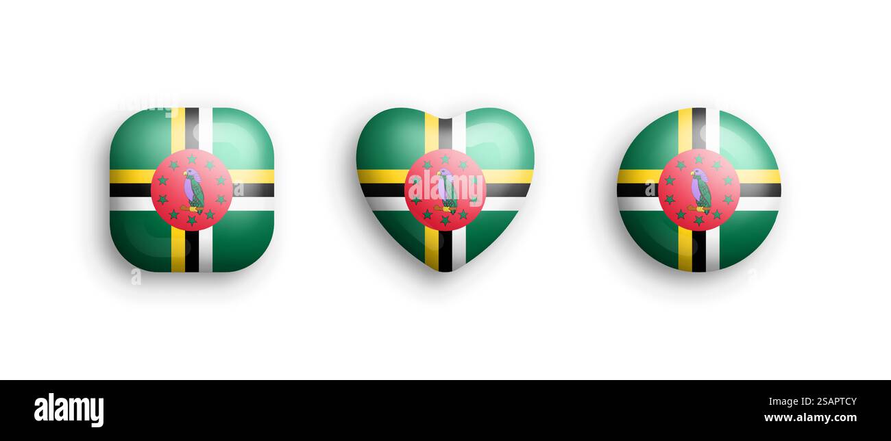 Dominica Official National Flag 3D Vector Glossy Icons in forma quadrata, cuore e cerchio arrotondati isolati su bianco. Collezione di bottoni volumetrici di elementi grafici e simboli dominicani. Dominica Official National Flag 3D Vector Glossy Icons isolate su bianco Illustrazione Vettoriale