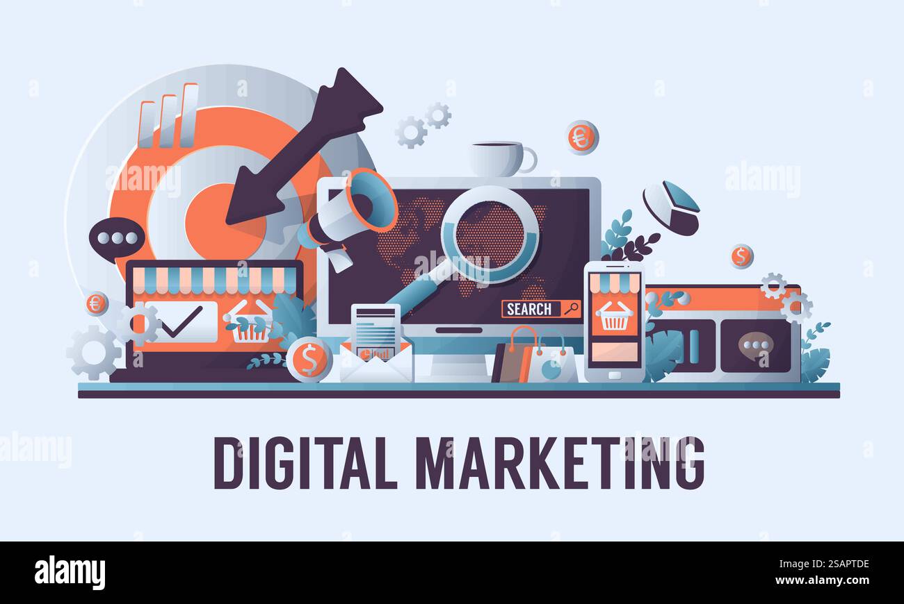 Concetto di marketing digitale con pubblicità online e simboli dei media Illustrazione Vettoriale