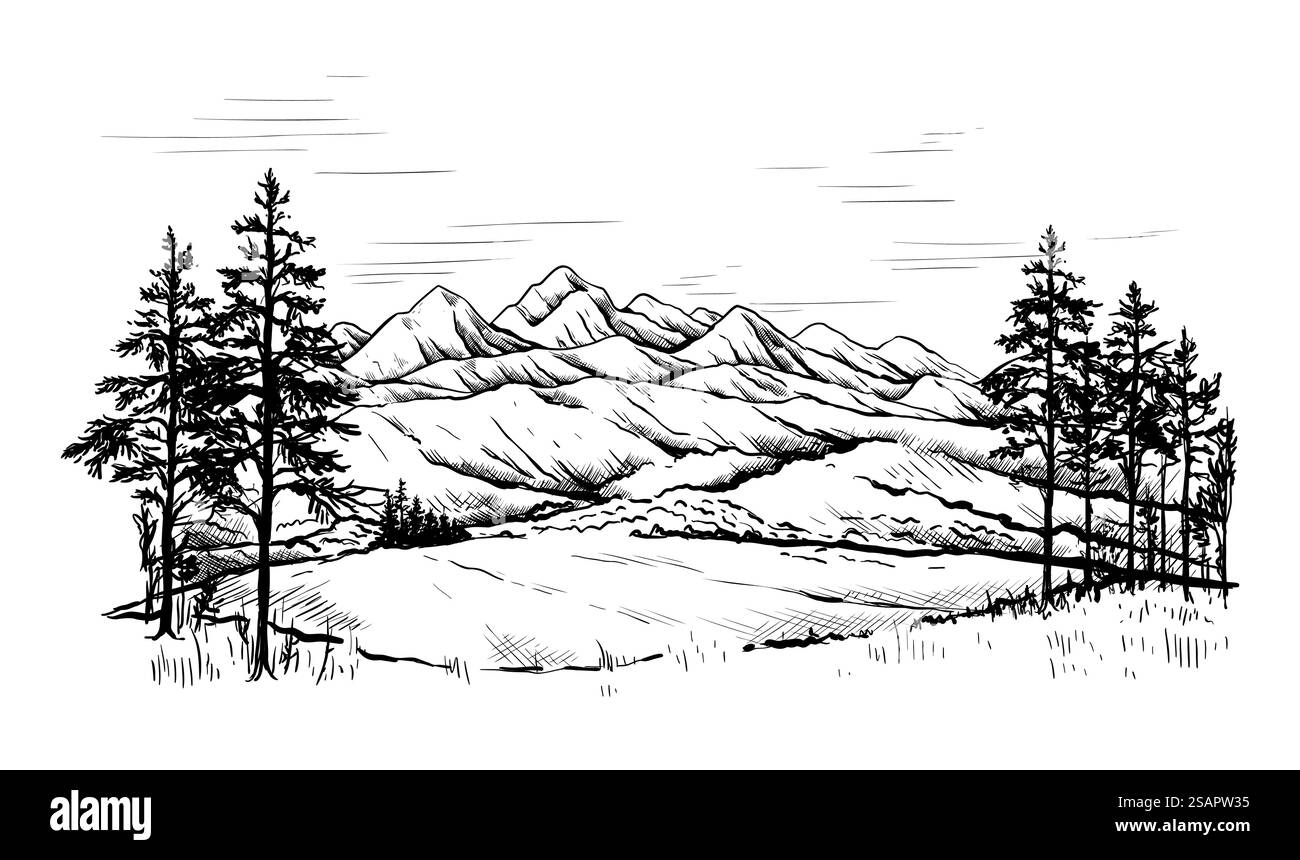 Paesaggio montano. Schizzo disegnato a mano con foresta e creste rocciose. Scenario bianco e nero. Panorama sulla valle delle Highlands. Orizzonte del cielo. Colline e scogliere panoramiche. Sfondo per incisione esterna con natura vettoriale. Paesaggio montano. Schizzo disegnato a mano con foresta e creste rocciose. Scenario bianco e nero. Panorama delle Highlands. Orizzonte del cielo. Colline e scogliere panoramiche. Sfondo esterno di natura vettoriale Illustrazione Vettoriale
