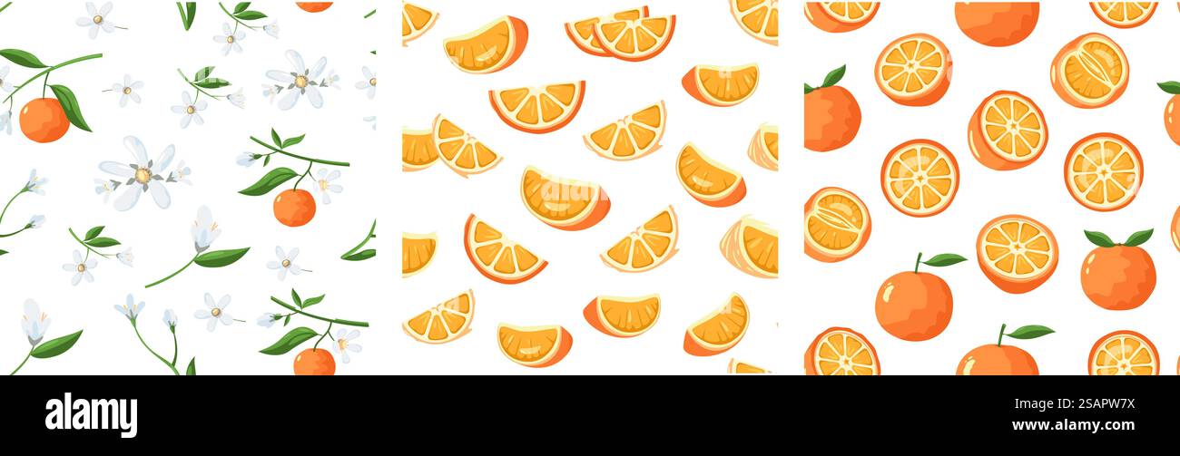 Motivo arancione. Stampa senza cuciture con cartoni animati dolci frutti mandarini tropicali, sfondo cartoni animati con agrumi naturali biologici. Trama vettoriale arancione, illustrazione a fumetti. Motivo arancione. Stampa senza cuciture con cartoni animati dolci frutti mandarini tropicali, sfondo cartoni animati con agrumi naturali biologici. Trama vettoriale Illustrazione Vettoriale