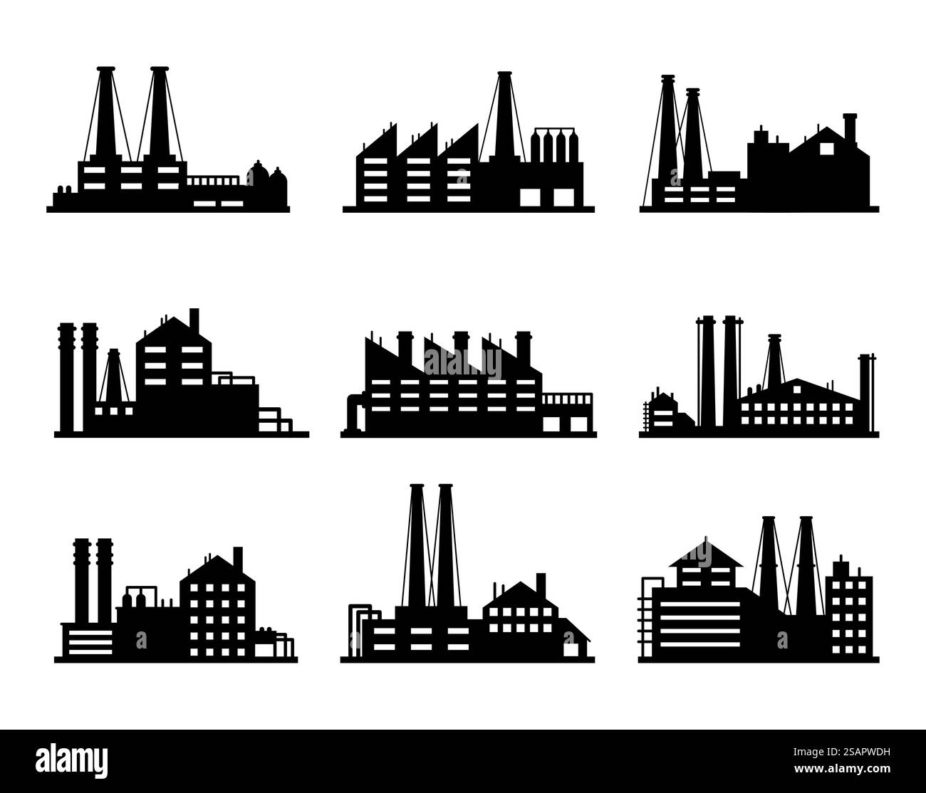 Edifici industriali. Illustrazione dell'architettura di stoccaggio di un magazzino industriale, di una fabbrica di produzione e di una fabbrica di produzione. Edifici industriali. Sagome esterne di magazzini industriali, stabilimenti di produzione e fabbriche Illustrazione Vettoriale