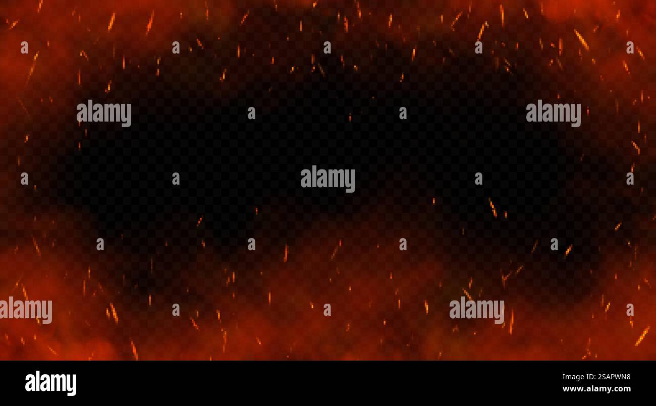 Scintille di fuoco rosso vettoriale. Particelle incandescenti bruciate. Fiamma di fuoco con scintille isolate su sfondo nero trasparente. Illustrazione Vettoriale