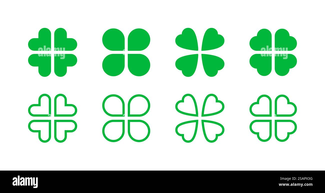 Icona Clover Luck. Collezione di icone delle foglie di shamrock. Simbolo del logo della foglia di trifoglio. Vettore stock. EPS 10. Icona Clover Luck. Collezione di icone delle foglie di shamrock. Simbolo del logo della foglia di trifoglio. Vettore stock Illustrazione Vettoriale