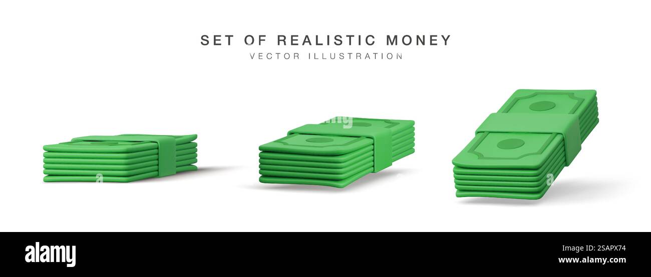 Set di stack 3D di dollari USA. Rendere una confezione di carta verde. Banconota in dollari cartacei isolata su sfondo bianco. Illustrazione vettoriale. Illustrazione Vettoriale