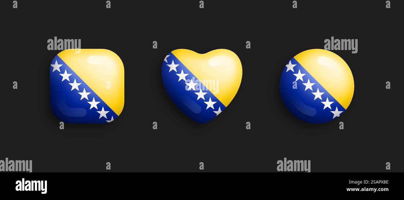 Icone lucide vettoriali 3D con bandiera nazionale della Bosnia ed Erzegovina in forma quadrata arrotondata, a forma di cuore e circolare isolata sul nero. Raccolta pulsanti volumetrici elementi di disegno grafici di segni e simboli. Icone isolate lucide Vector 3D bandiera nazionale ufficiale della Bosnia-Erzegovina Illustrazione Vettoriale