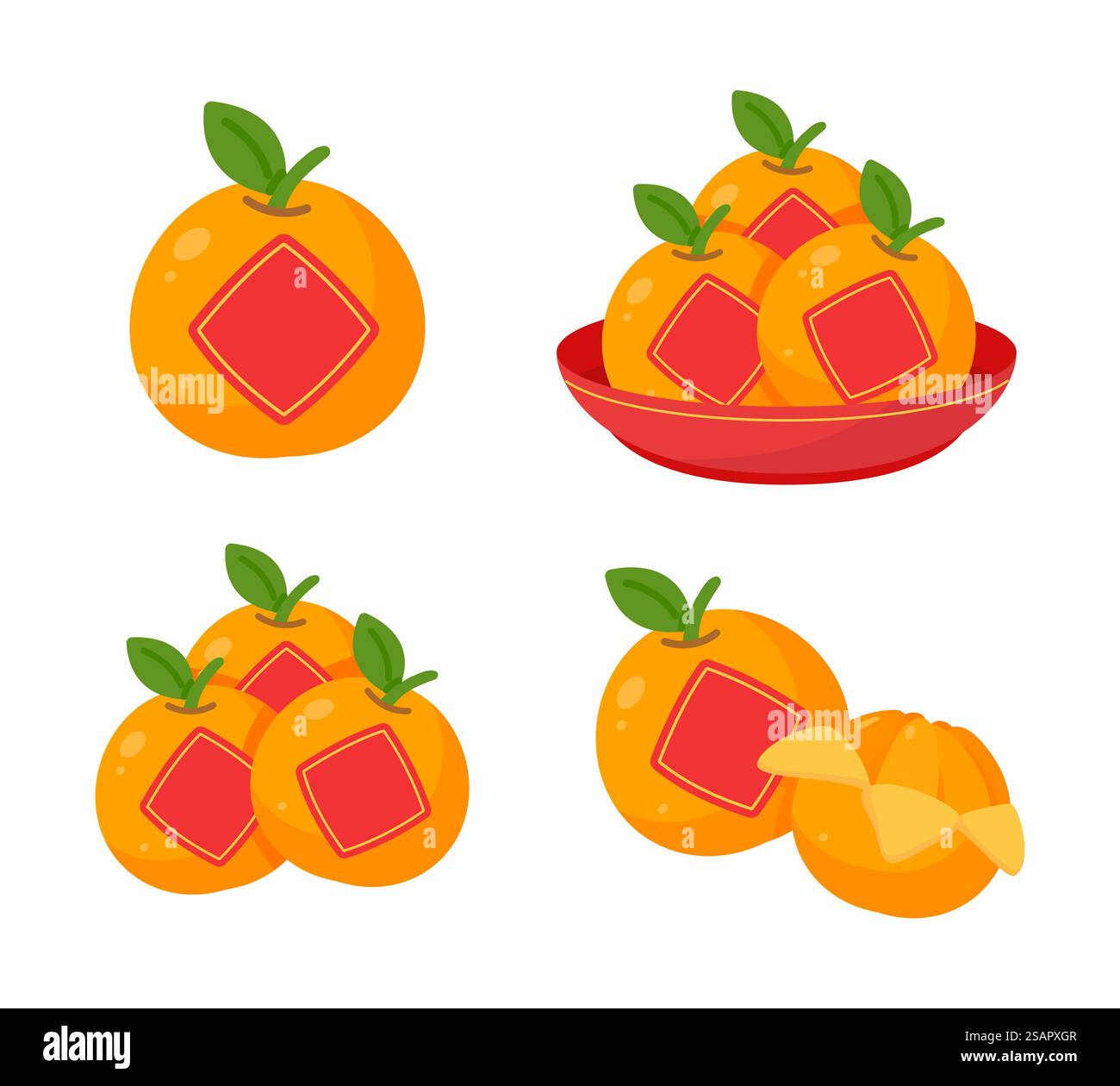 Arance mandarine ricoperte di carta rossa per dare il benvenuto al capodanno cinese. Illustrazione Vettoriale