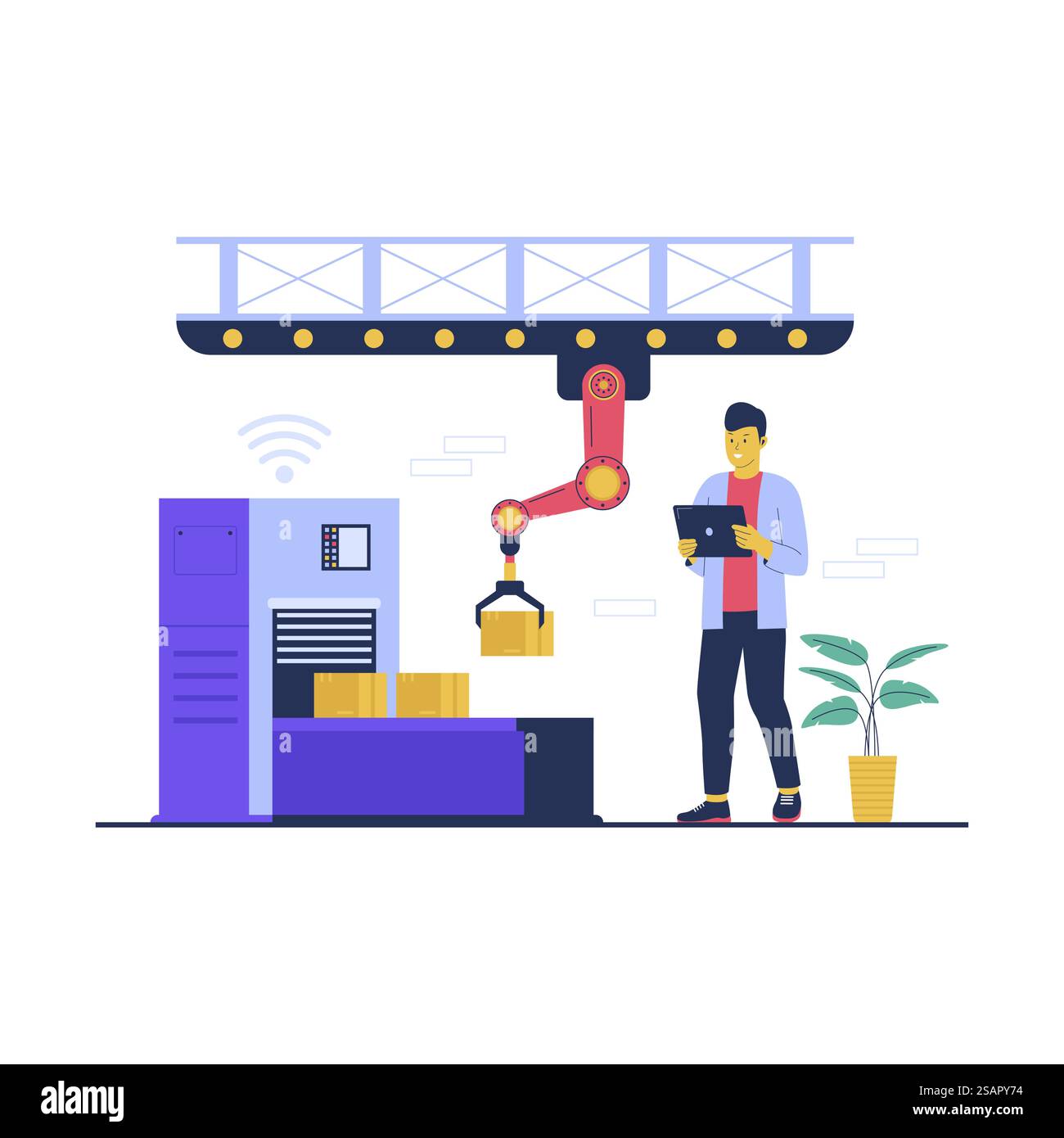 Illustrazione concettuale della tecnologia di automazione dell'industria manifatturiera. industry 4,0 con braccio robotizzato. Illustrazione vettoriale piatta isolata su sfondo bianco Illustrazione Vettoriale