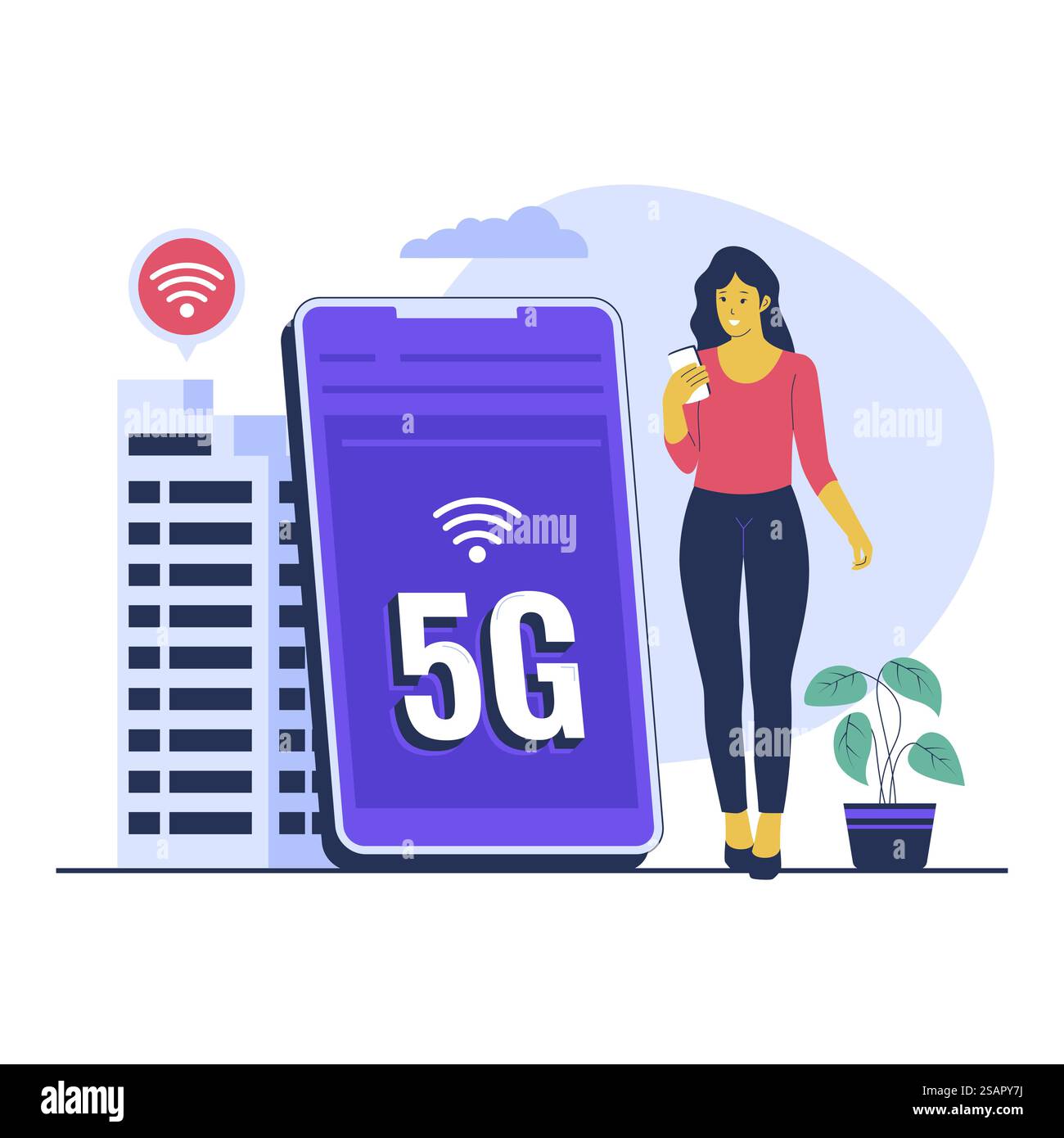 Illustrazione concettuale della tecnologia di rete 5G. Illustrazione vettoriale piatta isolata su sfondo bianco Illustrazione Vettoriale